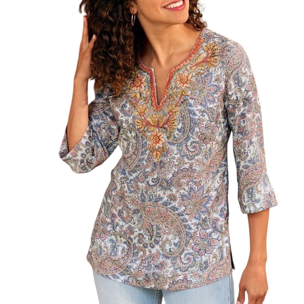 NWT Soft Surroundings Kaimana Embellished Tunic Paisley Rayon Top Sz M Beaded